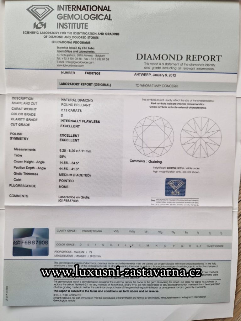 Přírodní diamant o váze 2,12ct 2